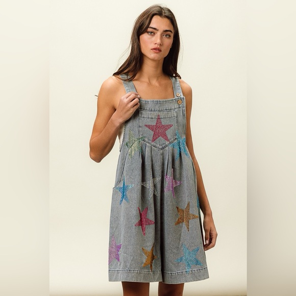 BiBi Star Rhinestone Washed Wide Leg Shortalls - Picture 4 of 14